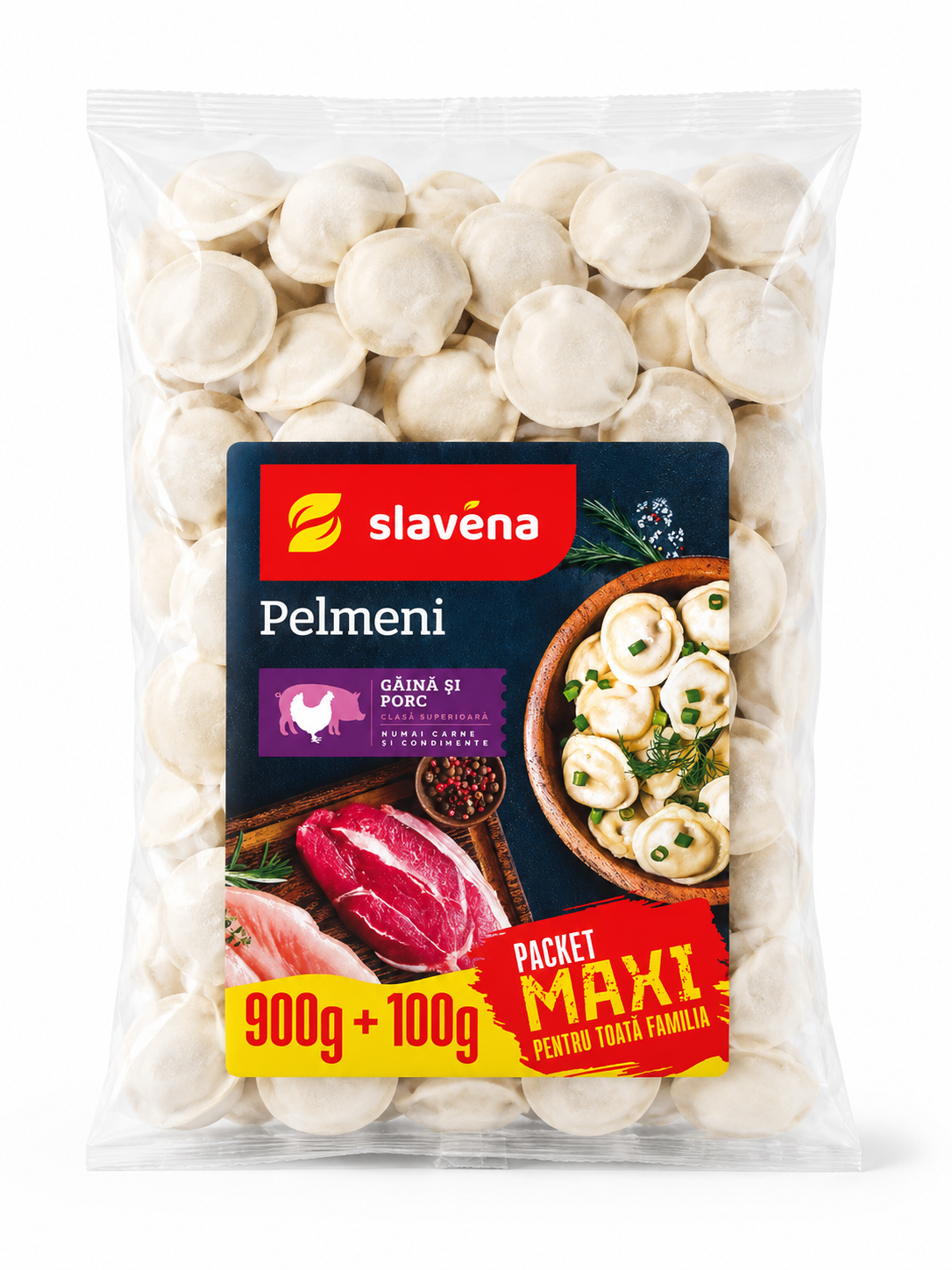 SLAVENA Pelmeni cu carne de găină si porc MAXI 900+100 g